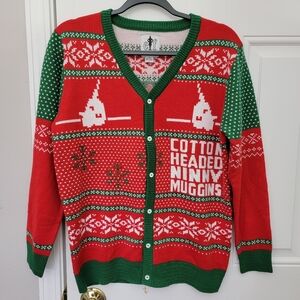 ELF Movie Cotton Headed Ninny Muggins Ugly Christmas Sweater Cardigan Unisex M